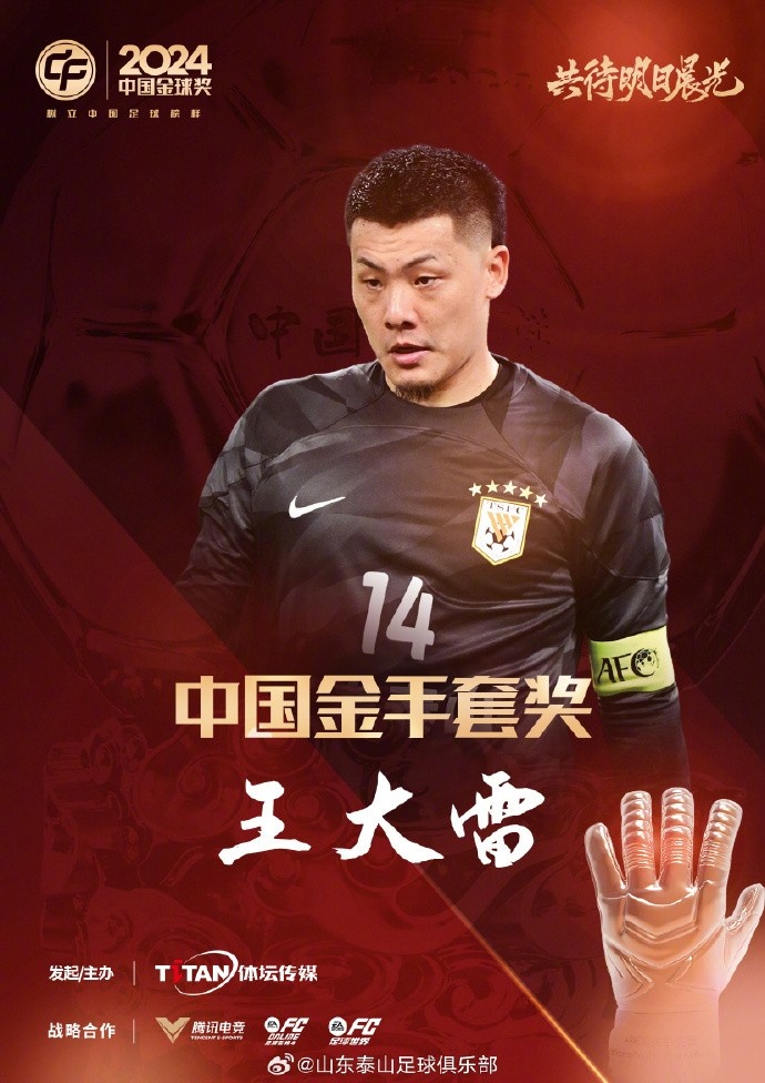 王大雷榮獲中國金手套獎,謝文能入選中國金球獎候選人前三名