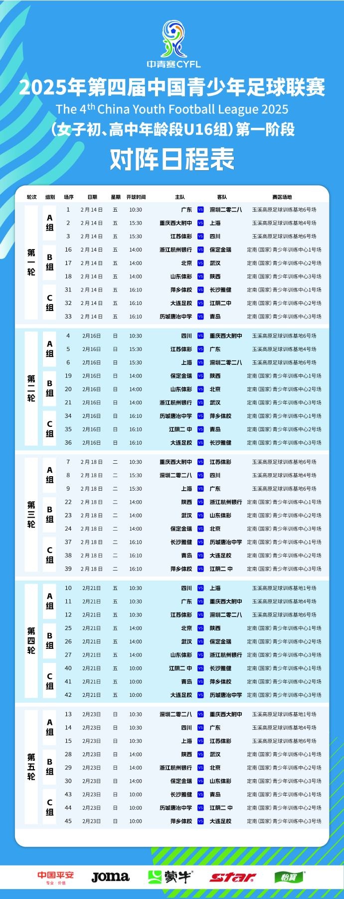 中國青少年足球聯賽(女子初高中年齡段U16組)第一階段競賽日程