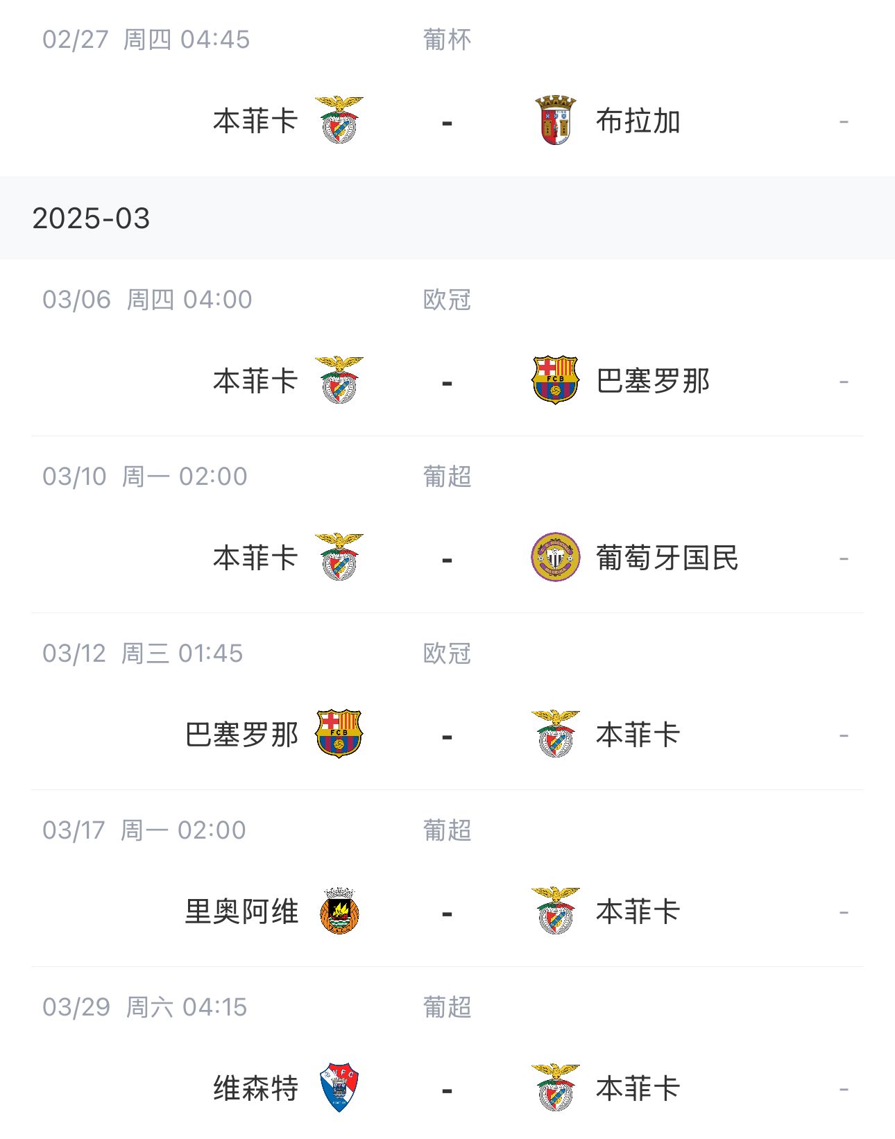 讓路歐冠!本菲卡戰巴薩首回合比賽前的葡超比賽推遲進行