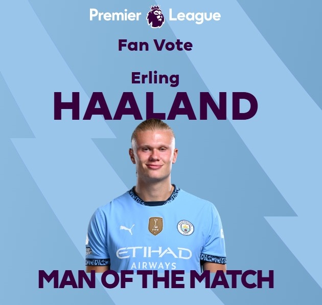  打進致勝球！英超官方：哈蘭德當選曼城1-0熱刺全場最佳球員