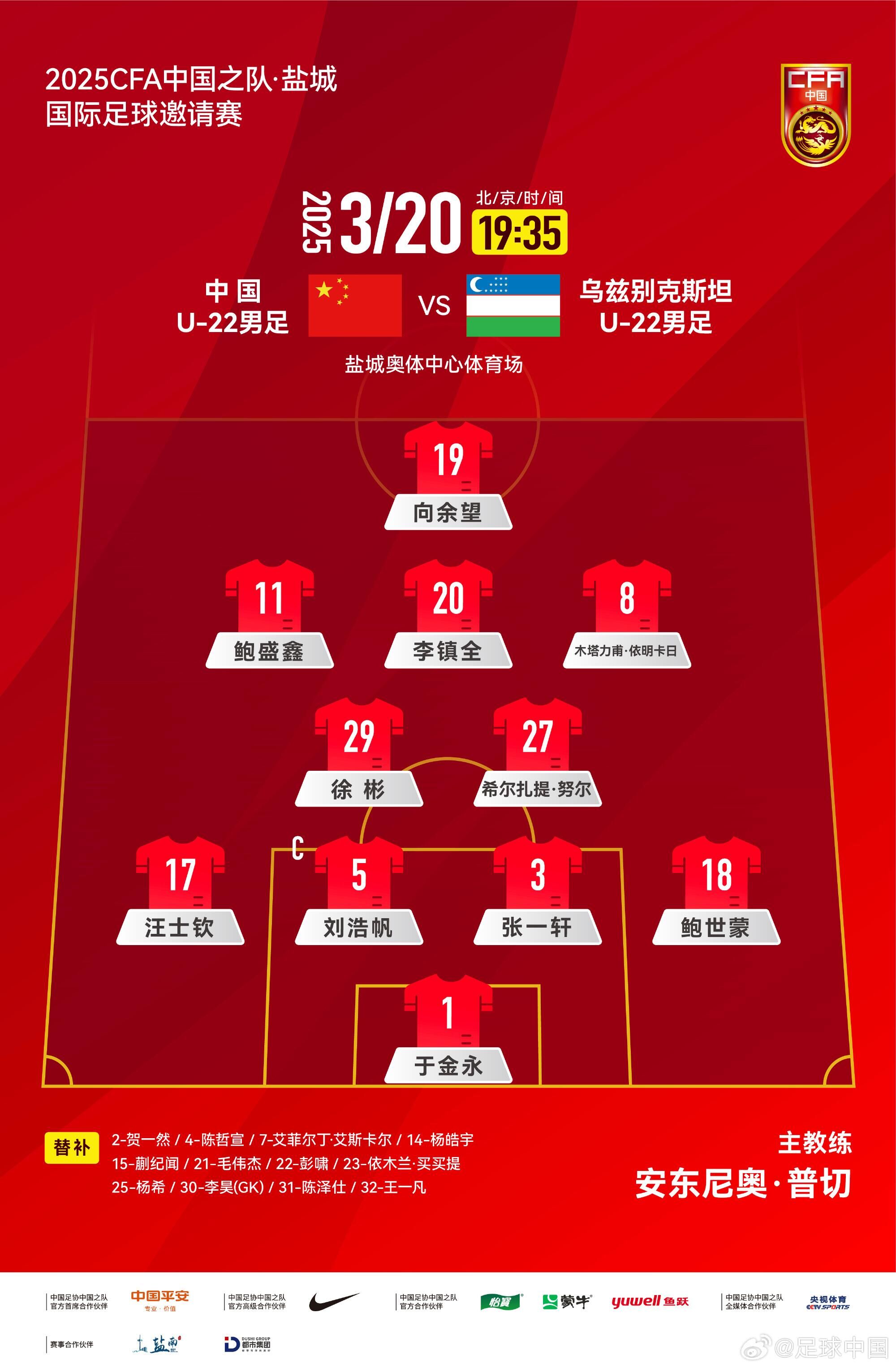  中國U-22男足VS烏茲別克斯坦U-22男足，中國隊首發名單出爐