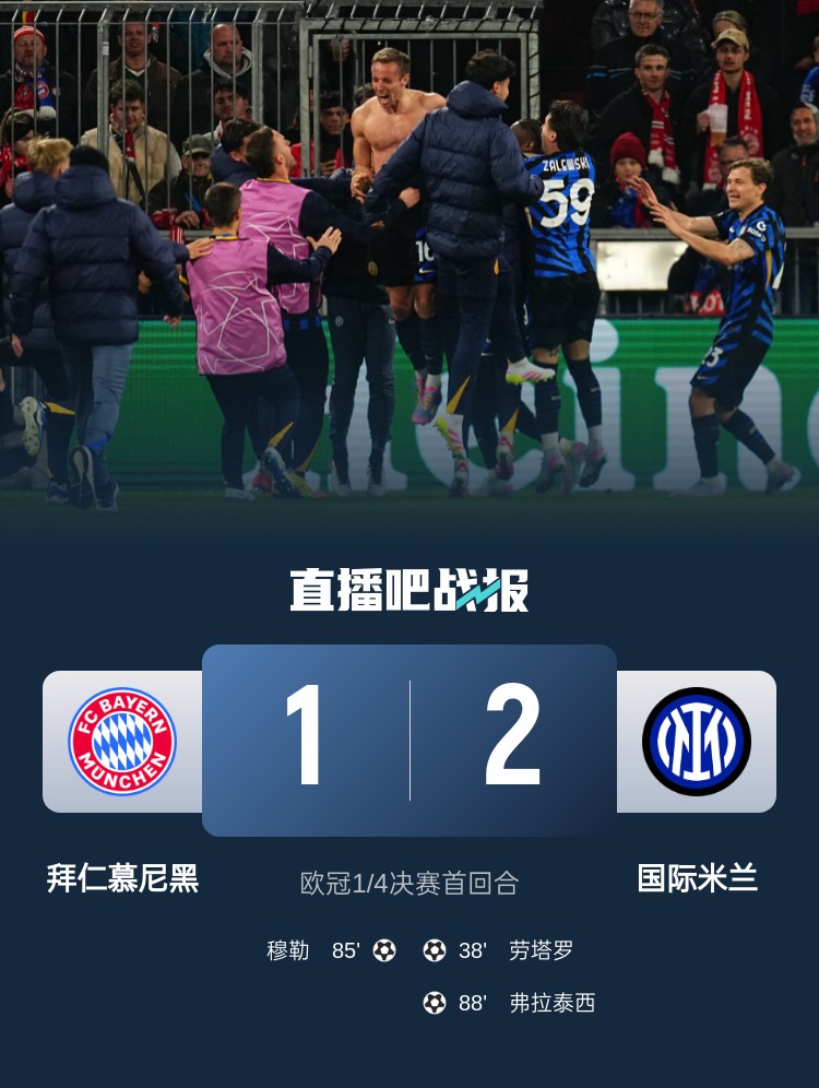  2-1占得先機！國米送給拜仁4年來歐冠主場首敗